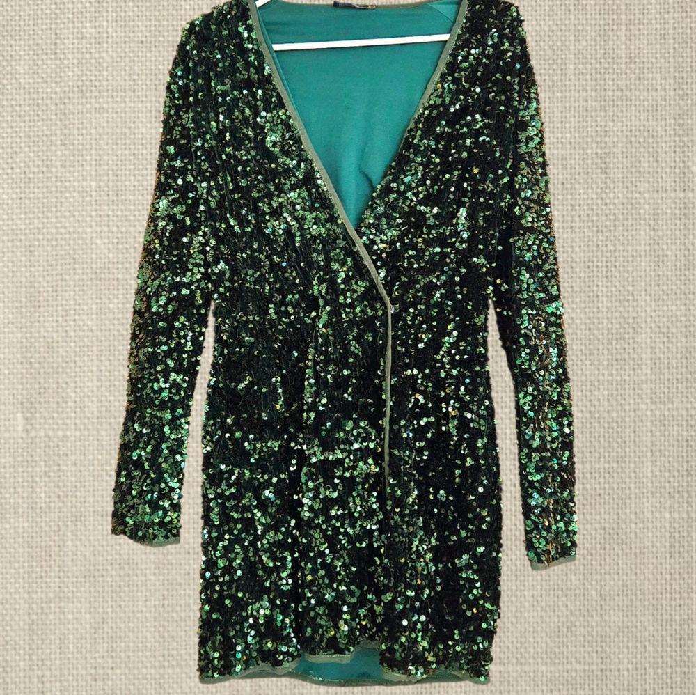 Deep Forest Green Sequined Jacket / Mini Wrap Dre… - image 1